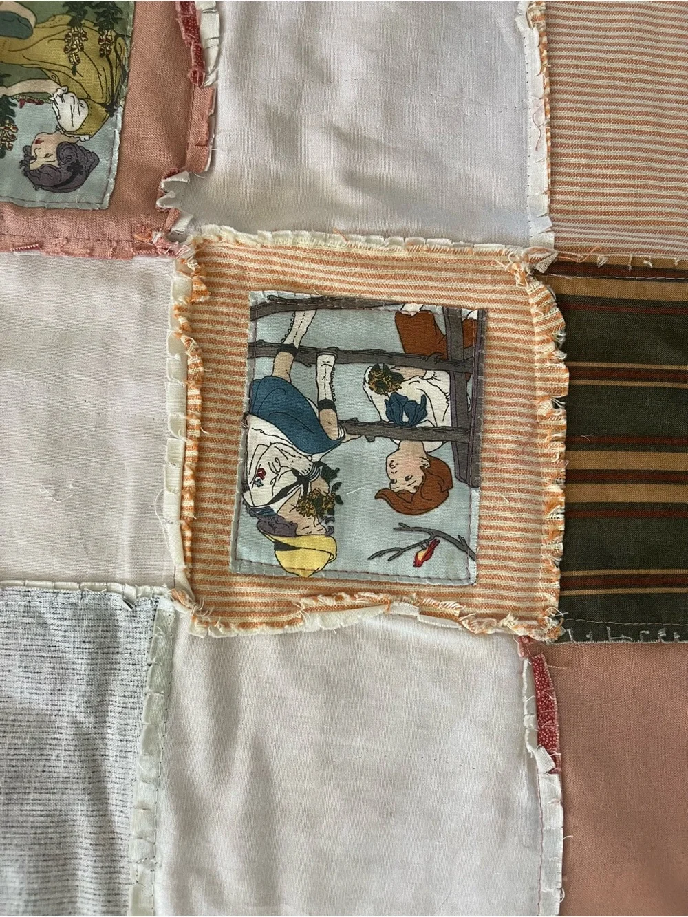 Vintage Handmade Patchwork Rag Crib Quilt Americana Twin Photo Memory Folk Art